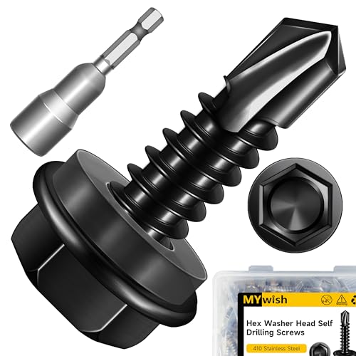 Mywish 100pcs #12 x 3/4" Self Drilling Screws for Metal, 410 Stainless Steel Hex Washer Head Self Drilling Screws, Black Oxided Self Tapping Sheet Metal Tek Screw Fast Tapping - size: #12x3/4"(100pcs)