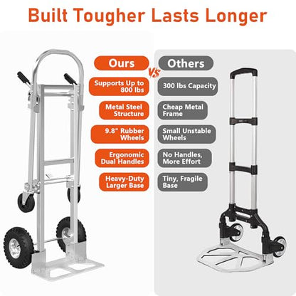 800 LBS Dolly Cart with Wheels, 2 in 1 Folding Hand Truck, Stainless Steel Heavy Duty Industrial Convertible Hand Cart, Utility Collapsible Hand Truck Dolly for Warehouse, Home, Office, Etc - color: Silver-1