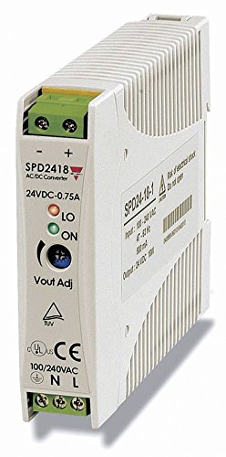CARLO GAVAZZI SPD24181 DIN Rail Mount Switching Power Supply, 22.5 mm Wide, 90-264 VAC or 120-365 VDC Supply Voltage, Adjustable 24 VDC, 0.75 amp, 18 W Output, 77% Efficiency, IP20 Cover, Diagnostic LEDs, 9.9 oz. Size, 155 mm Height x 40 mm Width x 132 mm