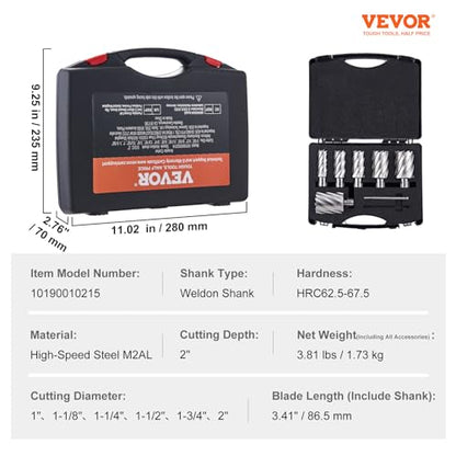 VEVOR Annular Cutter Set, 6 pcs Weldon Shank Mag Drill Bits, 2" Cutting Depth, 1" to 2" Cutting Diameter, M2AL High-Speed Steel, with 2 Pilot Pins and Portable Case, for Using with Magnetic Drills - size: 1" - 2" * 2"