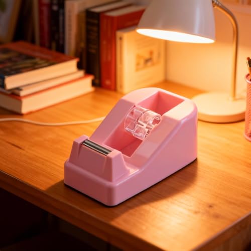 XEUZK Desktop Tape Dispenser Kits with Weighted Nonskid Base Tape Dispenser- Includes 9 Rolls of Transparent Tape(0.71 Inch x 500 inches Each) & Pink Scissors, 2 Pcs Tweezers (Pink) - color: Pink