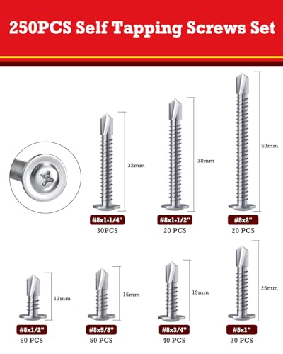 250PCS Self Tapping Screws for Metal, 410 Stainless Steel Sheet Metal Screws, #8 Assorted Round Self Drilling Screws Set for Metal Sheets, Wood, (1/2", 5/8", 3/4", 1", 1-1/4", 1-1/2", 2") - size: 250PCS