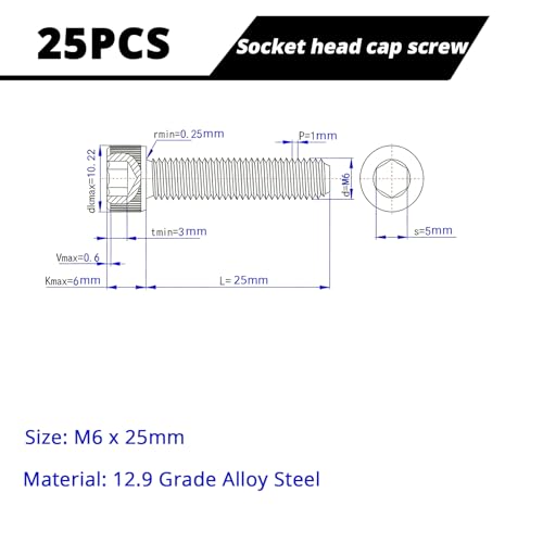 M6-1.0 x 25mm Socket Head Cap Screws Cap Bolts, 12.9 Grade Alloy Steel Black Oxide, Allen Socket Drive, Machine Full Thread, 25 PCS (8mm-80mm Available) - size: M6x25mm(25PCS)