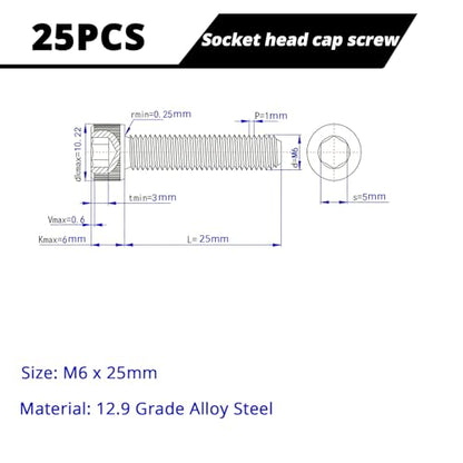 M6-1.0 x 25mm Socket Head Cap Screws Cap Bolts, 12.9 Grade Alloy Steel Black Oxide, Allen Socket Drive, Machine Full Thread, 25 PCS (8mm-80mm Available) - size: M6x25mm(25PCS)