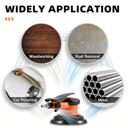 5-inch Pneumatic Random Orbital Sander Set, Dual-Action (DA) Pneumatic Handheld Sander, Low-Noise, Low-Vibration, Suitable for Auto Body Repair, Car Detailing, Woodworking, and Metalworking
