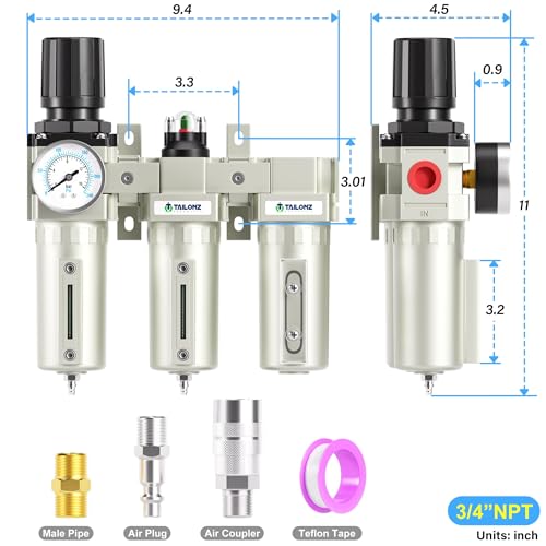 TAILONZ PNEUMATIC 0-240PSI 3/4 Inch NPT Industrial Grade Three Stage Air Drying System, Particulate Filter,Desiccant Dryer and Air Regulator,Coalescing Filter (Manual Drainage) - color: 3 Stage, size: 3/4" NPT/Munual Drainage