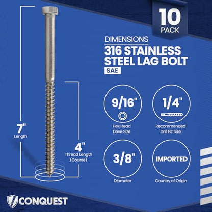 Conquest Lag Bolts 3/8" x 7" - size: 3/8"-7 x 7"