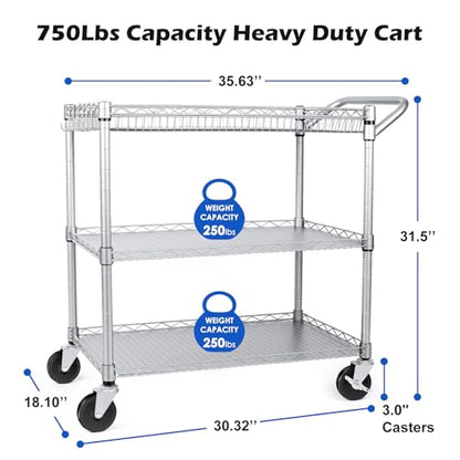 WDT Heavy Duty 3 Tier Utility Cart,Wire Rolling Carts with Wheels, Commercial Grade Service Cart with Shelving Liners and Handle Bar Metal Carts for Kitchen Office Hardware - color: 750lbs Capacity Silver