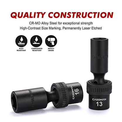 CASOMAN 10 PCS 3/8" Drive Deep Standard Universal Impact Socket Set, 6 Point, CR-MO, Metric,10-19mm - size: 10 PCS 3/8" Dr.(Deep)