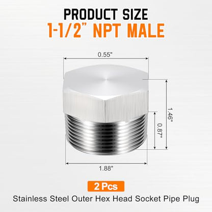 2 Pack SUS304 11/2" NPT Male Outer Threaded Pipe End Cap - size: 11/2" NPT Male