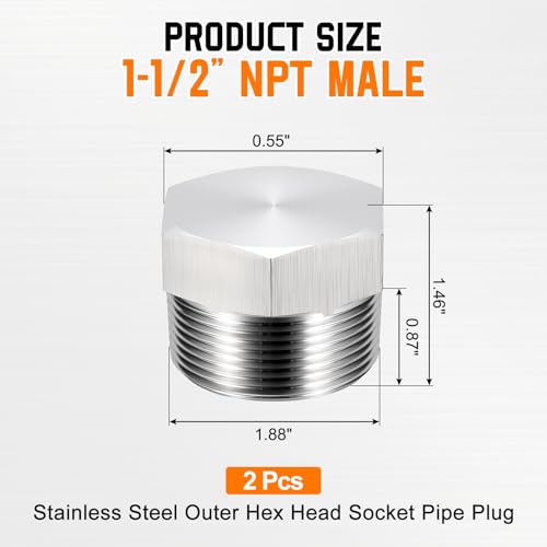 2 Pack SUS304 11/2" NPT Male Outer Threaded Pipe End Cap - size: 11/2" NPT Male