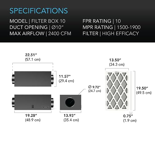 AC Infinity Inline Filter Box 10" with High Efficacy Filter - size: 10" Duct Opening