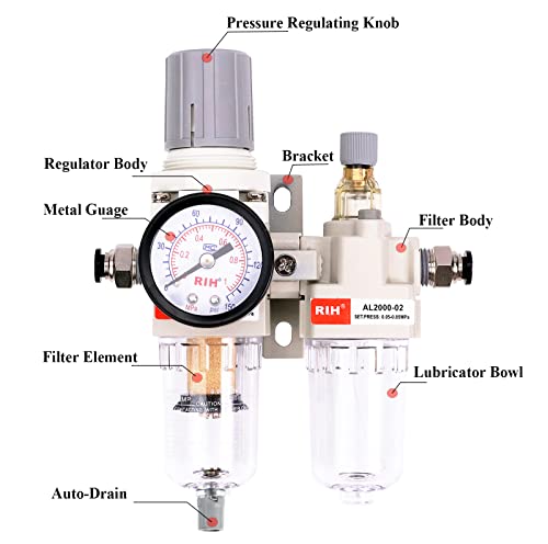 RIH Pneumatics 1/4“ NPT Compressed Air Filter Regulator Lubricator Combo Water/Oil Trap Separator - Gauge(0-150 psi), Auto Drain and Manuall-Drain,Poly Bowl,Bracket - 3 in 1 Two Unit - size: 1/4“ NPT Manual/differential pressure integrated