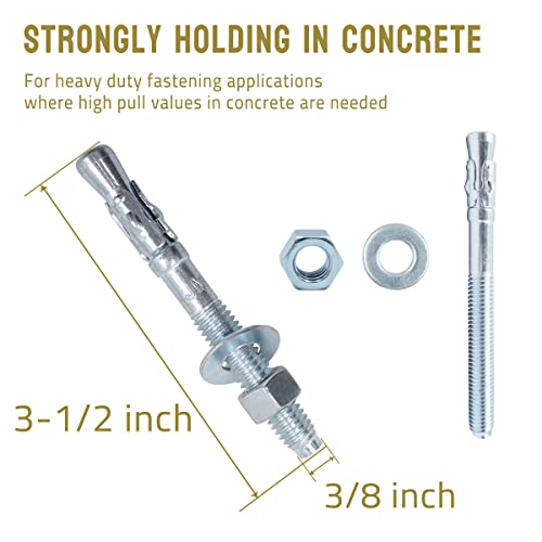 3/8 Concrete Anchors, Zinc-Plated Steel Wedge Anchors, 20 Pack - size: 3/8" x 3-1/2"