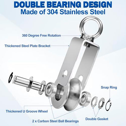 Cable Pulley Wheel Stainless Steel, M34 Single Pulley Snatch Block, Heavy Duty Lifting Crane Swivel Hook, Bearing Inside Rope Pulleys for Lifting System Gym Equipment Clothesline, 551 lbs Load, 2 Pack - size: M34 - 2 Pack
