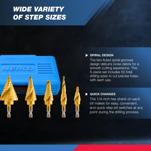 NEIKO 10173A Step Drill Bit Set for Metal and Wood, 5 Piece SAE, Spiral Grooved for Faster Drilling, Step Bits with 50 Total Step Sizes, Titanium Coated Unibits - size: 5pc (1/8 - 1-3/8", 50S), style: Spiral