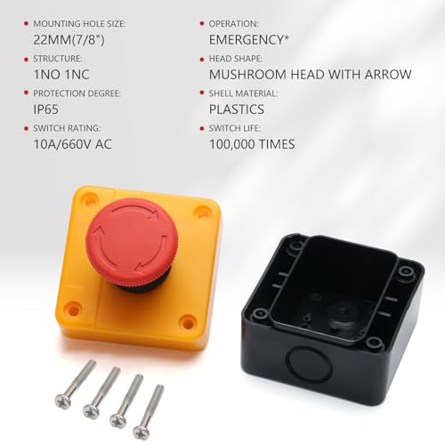 APIELE Emergency Stop Pushbutton Switch 1NO1NC 660V 10A Red Emergency Stop Push Button Switch with Box - style: XB2-11ZS-BOX