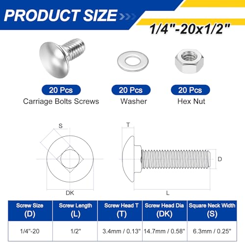 20Set 1/4"-20x1/2 Carriage Bolt 304SS, Silver - color: Silver, size: 1/4"-20x1/2
