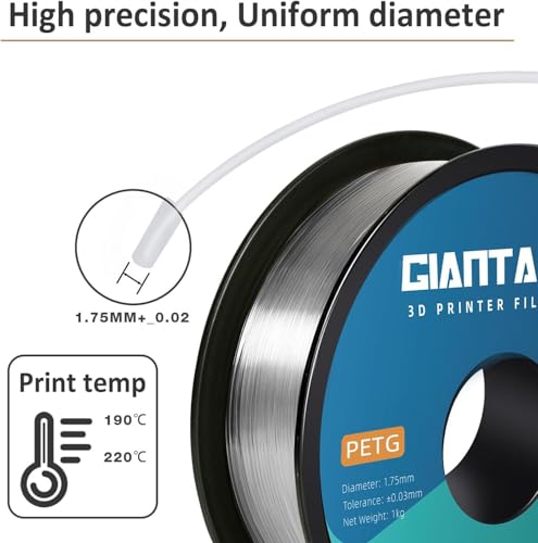 GIANTARM PETG Filament 1.75mm 1kg (2.2lb), 2-Pack Clear PETG Filament for 3D Printer, ±0.02mm Accuracy, Strong Toughness, Neatly Wound & Moistureproof, Non-Clogging&Non-Stringing, Clear - color: Clear 2-pack