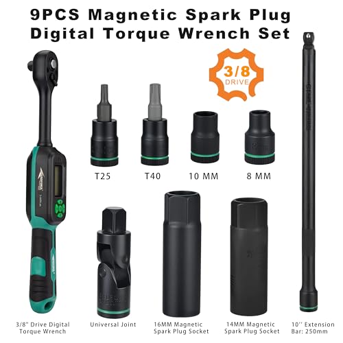 AEROFORCE 9PCS Magnetic Spark Plug Socket Set with a 3/8" Drive Digital Torque Wrench (6.8-135Nm), Includes 12-Point 14mm & 16mm Spark Plug Sockets for Cars, Motorcycles, lawnmowers - size: 9PC with Digital Torque Wrench