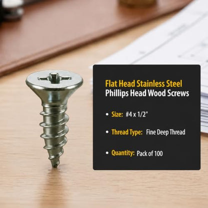 BCP Fasteners #4 x 1/2" Stainless Steel Flat Head Wood Screws, 100 Pack - size: #4 x 1/2"