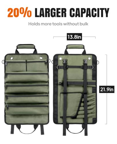 Tool Roll Up Bag, 1680D Heavy Duty Tool Bag Organizer with 2 Detachable Tool Pouches & Multiple Pockets, Waterproof Motorcycle Tool Roll for Mechanic & Electrician, Gift for Men Him Dad, 21.9"*13.8" - color: Green
