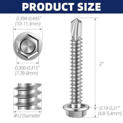 #12 x 2 (1/2" to 3" Available) Hex Washer Head Self Drilling Sheet Metal Screws with Drill Point, Stainless Steel 410, 50 PCS - color: Silver, size: #12 x 2"