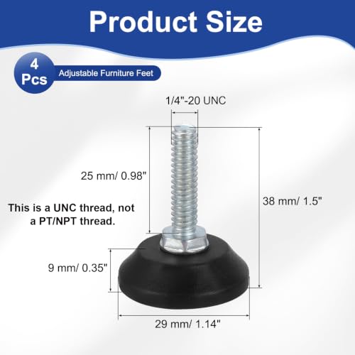 uxcell 1/4"-20 Thread Furniture Feet Levelers, 4Pcs 25mm l Adjustable Furniture Feet Screw in Threaded Leveling Leg Screw on Chair Foot Glides Leveling for Table Chair Cabinet Black - size: 1/4"-20 25mm