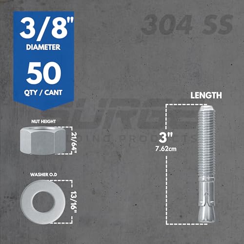 3/8" X 3" 304 Stainless Steel Wedge Anchors for Concrete (Box of 50) - size: 3/8" X 3"