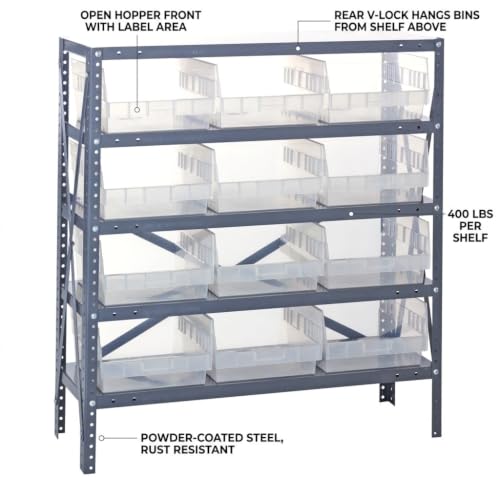Quantum Storage 1239-209 Store-More Steel Shelf Bin Organizer System, 12 6"H Hopper-Front Bins, 5-Shelf Unit, 400 lb Per Shelf, for Warehouse, Shop, Garage & Stockroom, 12"D x 36"W x 39"H, Clear - size: 39" H x 36" W x 12" D, style: 12" L x 12" W x 6" H 1