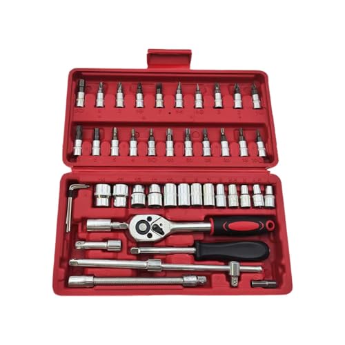 LAINLOY 46PCS 1/4 Inch Drive Socket Set, Mini Ratchet Wrench Set with Storage Case, Professional Tool Set with Bit Socket Set Metric and Extension Bar, Fits Car Repairing and Household (Red)