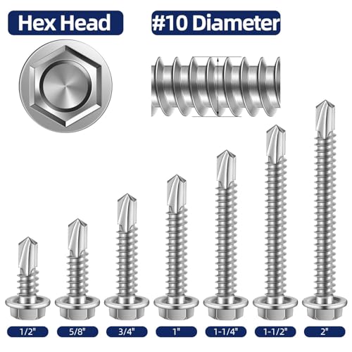#10 x 2 Hex Washer Head Self Drilling Sheet Metal Screws with Drill Point, 410 Stainless Steel Self Tapping Screws for Metal, 50 PCS - color: Silver, size: #10 x 2"
