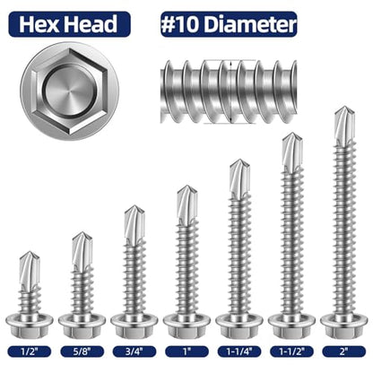 #10 x 2 Hex Washer Head Self Drilling Sheet Metal Screws with Drill Point, 410 Stainless Steel Self Tapping Screws for Metal, 50 PCS - color: Silver, size: #10 x 2"