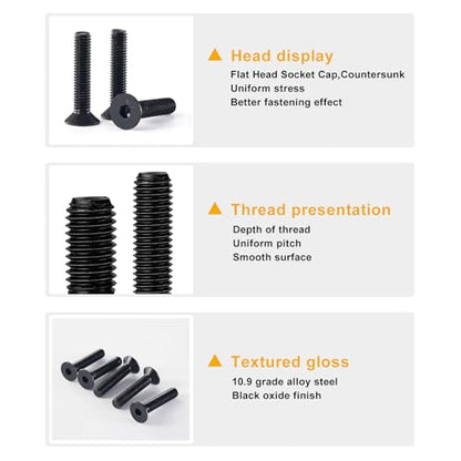 M5 x 10mm 20mm 30mm 40mm, Flat Head Hex Socket Cap Screws Bolts, Countersunk Bolts and Nuts, 10.9 Grade Alloy Steel, Black Oxide, Metric Allen Drive, Fully Thread, Assortment Kit 80PCS - size: M5x10-40mm+Nuts