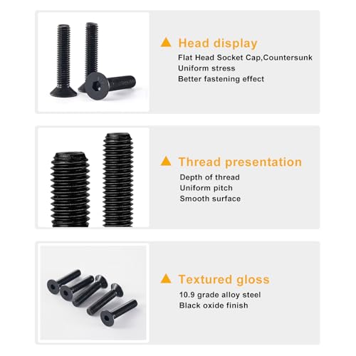 M8 x 10mm 20mm 30mm 40mm, Flat Head Hex Socket Cap Screws Bolts, Countersunk Bolts and Nuts, 10.9 Grade Alloy Steel, Black Oxide, Metric Allen Drive, Fully Thread, Assortment Kit 48PCS - size: M8x10-40mm+Nuts