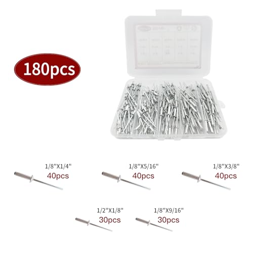 180Pcs Silver 1/8 Inches Pop Rivets Assortment Kit,5 Sizes Aluminum Rivets,Aluminum blind pro Rivets for DIY/Metal/Furniture/Instruments - color: Silver, size: 1/8 Inches