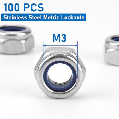 100 Pack 304 A2-70 M3 Nylon Lock Nuts - color: Silver, size: M3