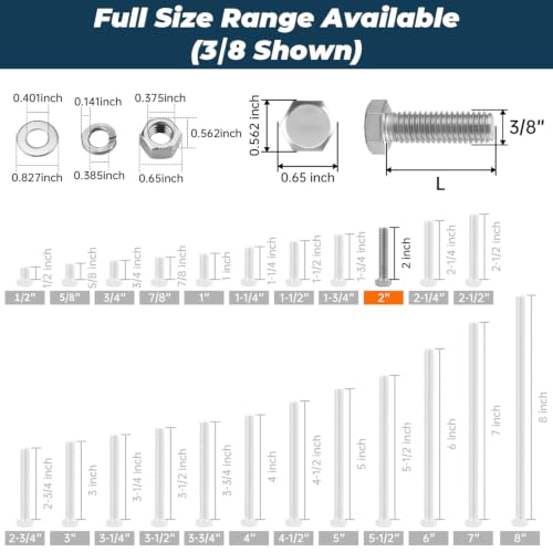 8 Sets Glvaner 3/8-16 x 2 Stainless Steel Hex Head Screws Bolts, Nuts, Flat & Lock Washers, 18-8 (304) Stainless Steel, Full Thread, Coarse Thread - size: 3/8-16 x 2"