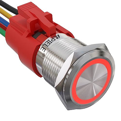 APIELE 19mm Latching Push Button Switch 12V DC Angel Eye Halo Ring LED Metal 0.74" 1NO1NC SPDT with Wire Socket Plug (RED) - color: Silver Shell-Red, size: Silver Shell