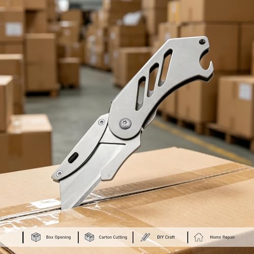 Small Utility Knife, Mini Box Cutter with Bottle Opener, Compact Portable Light Weight Everyday Carry Extra SK5 Replacement blades Foldable Quick Change Pocket EDC Gear for Carton, Carboard (Silver) - color: Silver