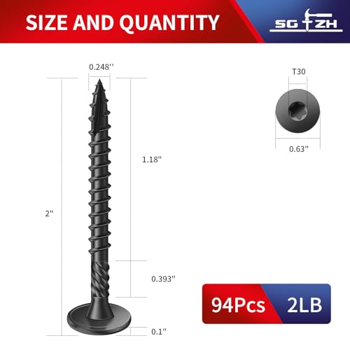 #14 x 2 Inch Outdoor Structural Wood Deck Screws (94Pcs/2lb), Carbon Steel, Black, Flat Head, Rust Resistant Epoxy Coated, T30 Star Bit - color: Black, size: #14 x 2"