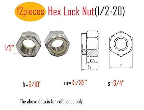 LBY 12pcs Lock Nuts, 1/2-20 Nylon Insert Hex Lock Nuts, 304 Stainless Steel (Silver) - size: 1/2-20