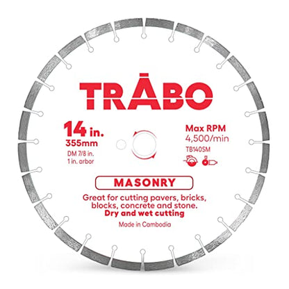 Trabo 14 Inch Masonry Segmented Rim Diamond Bond Blade for Cutting Cement, Pavers, Concrete with Rebar, Natural Stone and More, with 1 Inch Arbor - size: 14 Inch