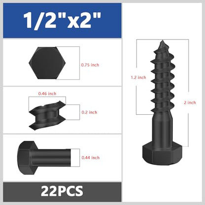 Wensilon Lag Screws Wood Screws (22PCS, 1/2"x2", Black) Hex Head Lag Bolts,(12x50) Heavy Duty Lag Screws,304 Stainless Steel Bolts 18-8 - color: Black, size: 1/2"x2"