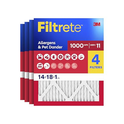 Filtrete 14x18x1 Air Filter, MERV 11, MPR 1000, Allergens & Pet Dander, 3-Month AC and Furnace Filters, Cleaner Air, Reliable Airflow, 4 HVAC Filters (Actual Size 13.81 x 17.81 x 0.81 in) - size: 14x18x1
