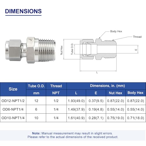 6mm OD x 1/4" NPT Male Compression Fitting, 316SS Straight Union