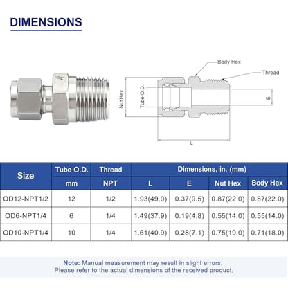 6mm OD x 1/4" NPT Male Compression Fitting, 316SS Straight Union
