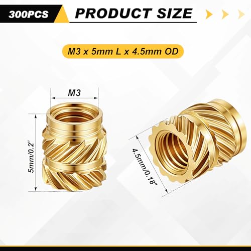 Yaocom 300 Pcs M3 Threaded Inserts M3 x D4.5 x L5 Heat Set Inserts - size: M3 X D4.5 X L5