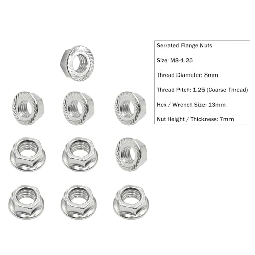 M8-1.25 / 8mm Hex Serrated Flange Nuts M8 x 1.25 Stainless Steel Nut (10pcs)