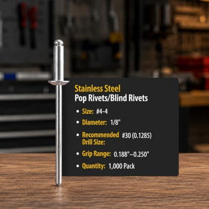 1000 Qty 304 Stainless Steel Blind Rivets Bulk (#4-4) 1/8" Diameter x 1/4" Grip (BCP455)